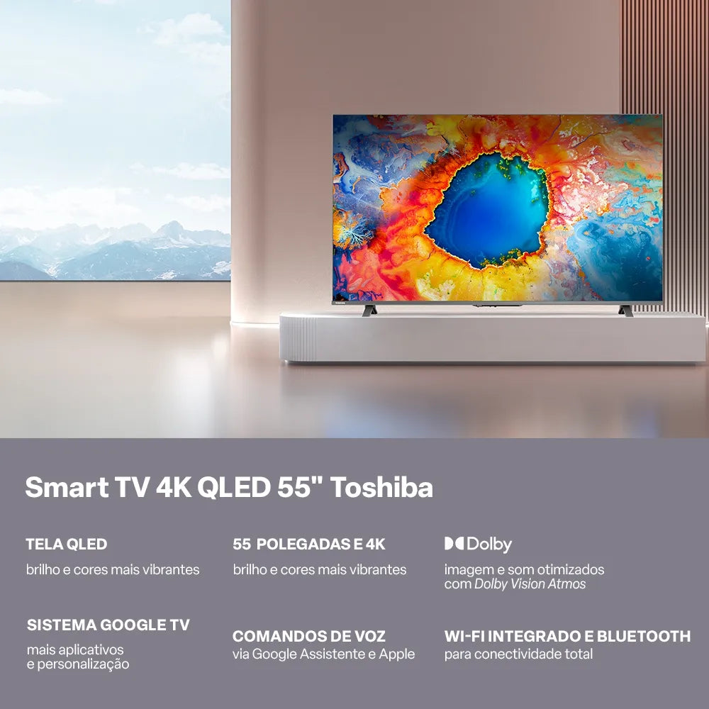 Smart TV QLED 55" 4K Toshiba 55C450NS Google TV 3 HDMI 2 USB Wi-Fi - TB035M
